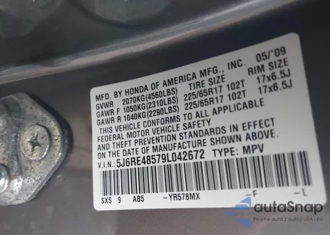 2009 Honda Cr-V Ex z USA, uszkodzony, nr VIN 5J6RE48579L042672